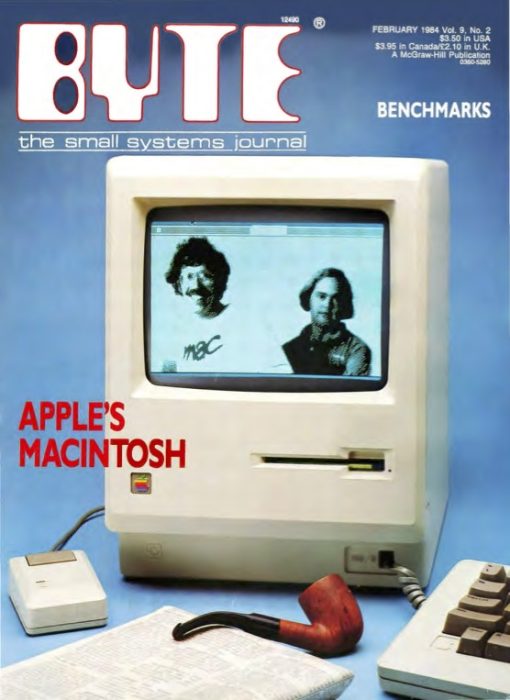 Byte Magazone cover featuring a Macintosh with bitmapped images of Bill Atkinson and Andy Hertzfeld